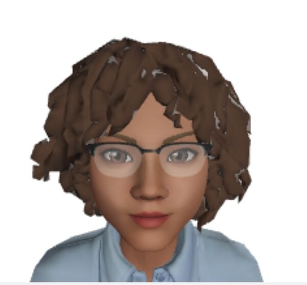AI-avatar med brunt lockigt hår, brun hud, glasögon och ljusblå skjorta.