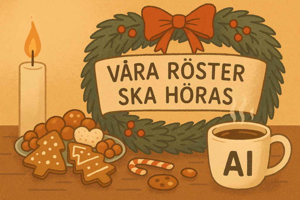Ett bord dukat med levande ljus, pepparkakor och godis, en julkrans med texten "våra röster ska höras" och en kaffekopp
med trycket "AI".