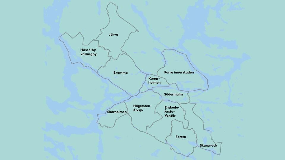 Schematisk karta över Stockholmsområdet med stadsdelarna. 
