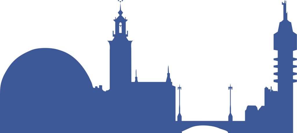 Blå silhuett över Stockholm. Illustration. 