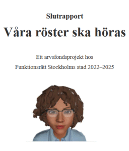 Framsida av projektets slutrapport. Illustration med Funktionsrättsintervjuaren. 